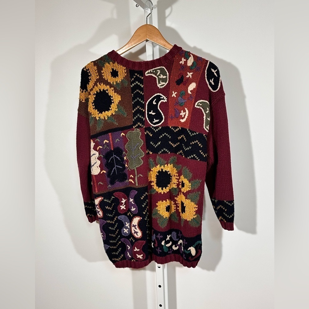 White Stag Folk Art Patchwork Sweater Cottagecore Boho Vintage oversized small